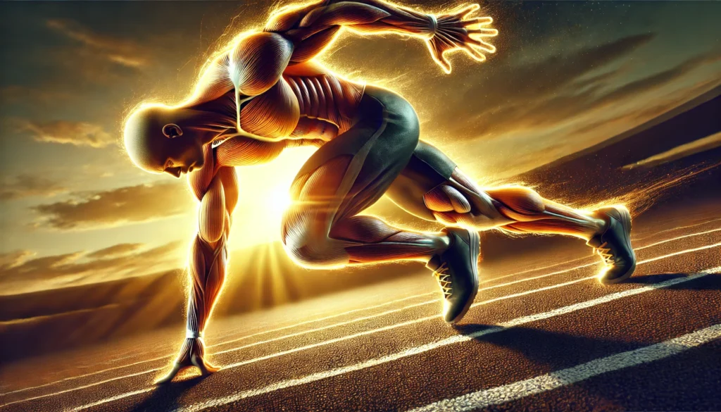 "An athlete sprinting on a track at sunset, showcasing muscle strength, stamina, and the power of rapid athletic regeneration."