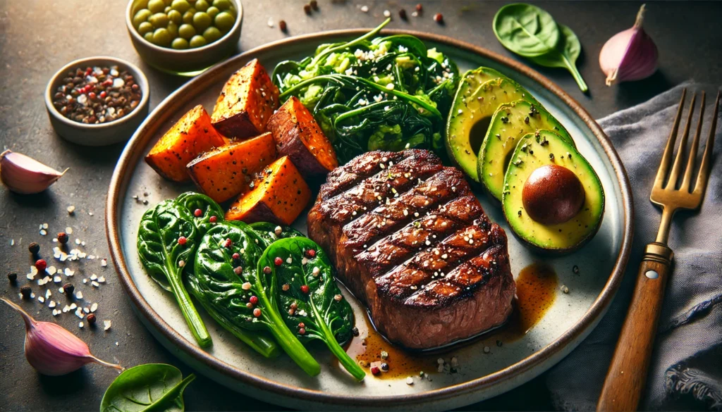 A balanced post-workout meal consisting of grilled steak, roasted sweet potatoes, sautéed spinach, and a fresh avocado salad, elegantly plated to highlight the rich colors and textures.