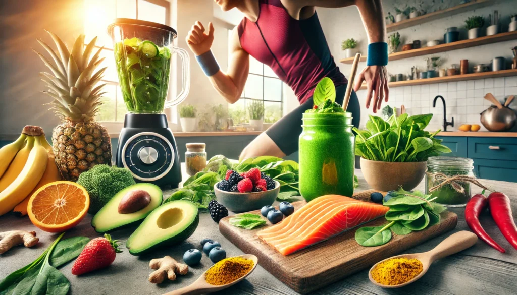  "An athlete preparing a nutrient-rich anti-inflammatory meal in a modern kitchen, featuring fresh ingredients such as salmon, avocados, berries, leafy greens, turmeric, and ginger, alongside a green smoothie blender."