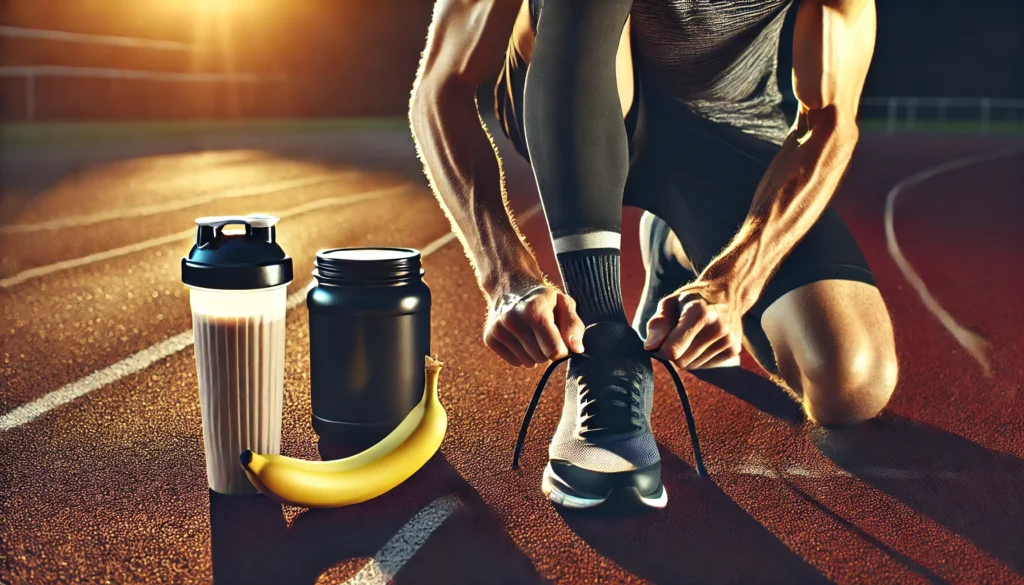  A dynamic action shot of a fit athlete tying their running shoes on a track with a banana and a protein shake nearby, emphasizing nutrition for muscle cramp prevention.