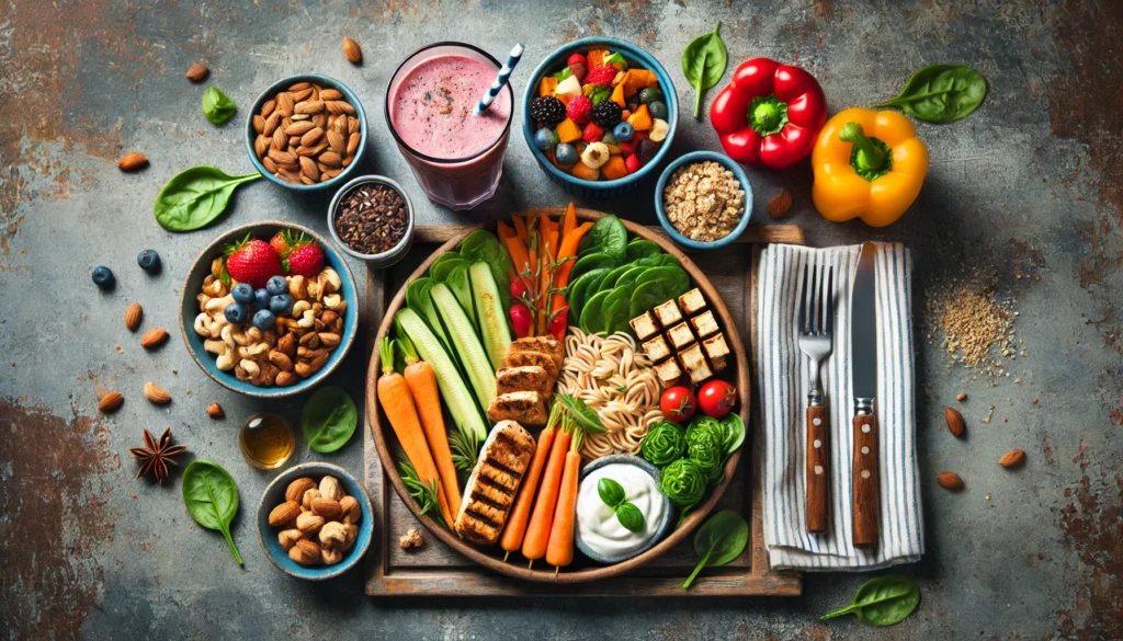 A well-balanced pre-workout meal featuring grilled chicken, whole-grain pasta, colorful vegetables, mixed nuts, and a berry smoothie, carefully arranged on a rustic wooden table to illustrate energizing nutrition for strength training.