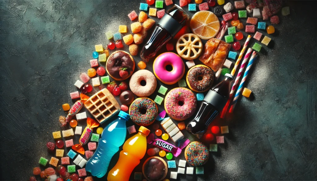 "An assortment of sugary snacks, including donuts, candy, and soda bottles, arranged chaotically on a dark background, highlighting the negative effects of excessive sugar consumption on muscle recovery and athletic performance."

