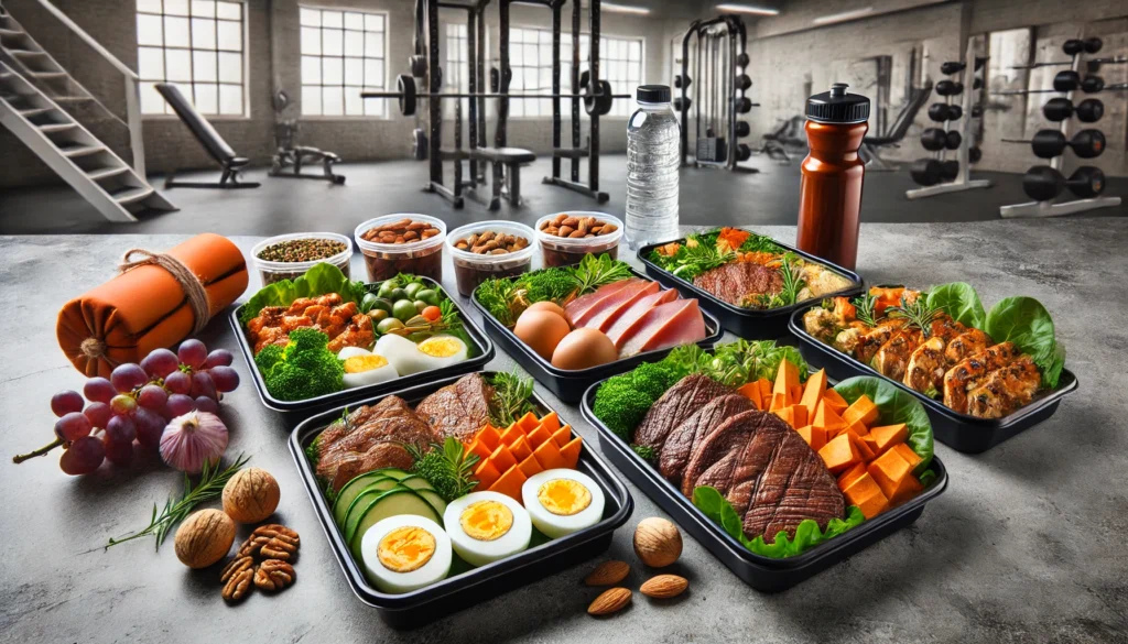 "A visually appealing spread of protein-packed gym meals, including lean beef, grilled chicken, boiled eggs, and sweet potatoes, arranged in meal prep containers with fresh herbs and nuts, set against a fitness-themed background."