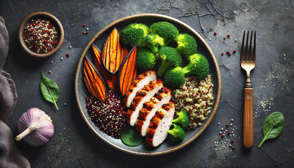 A protein-packed meal featuring grilled chicken, quinoa, roasted sweet potatoes, and steamed broccoli, elegantly plated on a dark, textured background to emphasize the vibrant colors and natural ingredients beneficial for muscle growth.