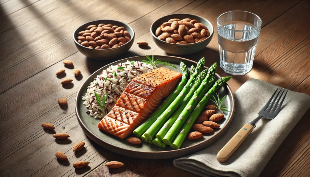 "A balanced meal for muscle gain featuring grilled salmon, brown rice, steamed asparagus, and almonds, highlighting nutrient-dense foods for optimal athletic recovery."