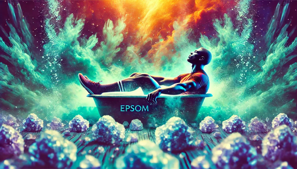 "Athlete recovering in an Epsom salt bath, with warm steam rising, creating a soothing and spa-like atmosphere. Muscles appear relaxed, highlighting post-workout recovery and the benefits of magnesium-infused water."