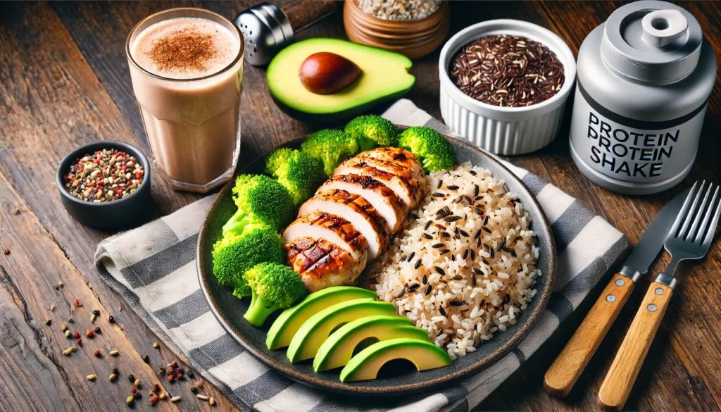 A post-workout recovery meal designed for muscle-building, featuring grilled chicken, brown rice, steamed broccoli, and avocado slices, accompanied by a protein shake for optimal muscle repair.