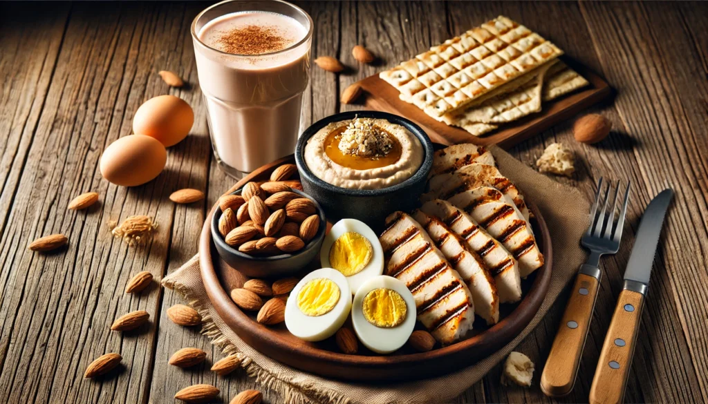 A protein-rich snack platter for muscle recovery, featuring grilled chicken strips, boiled eggs, almonds, hummus with whole-grain crackers, and a whey protein shake. The rustic setting with dark wooden background enhances the appeal of the nutrient-dense meal.