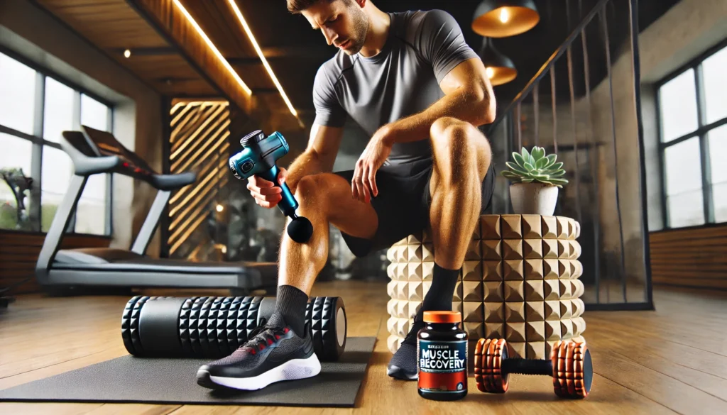 "An athlete using a percussion massage gun on their sore leg muscles in a well-lit home gym. A foam roller and a bottle of muscle recovery supplements are placed nearby, emphasizing multiple strategies for relieving muscle pain."