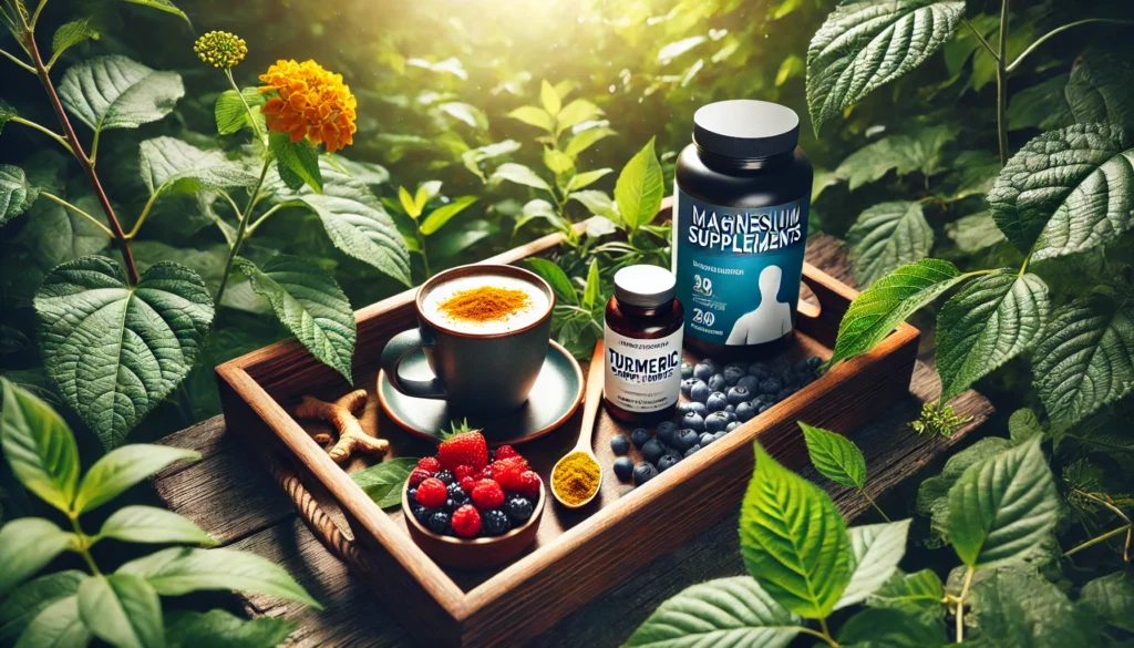 An outdoor scene with a wooden tray holding a cup of turmeric latte, fresh berries, and a bottle of magnesium supplements, with sunlight filtering through green foliage, emphasizing natural nutrition for muscle recovery.