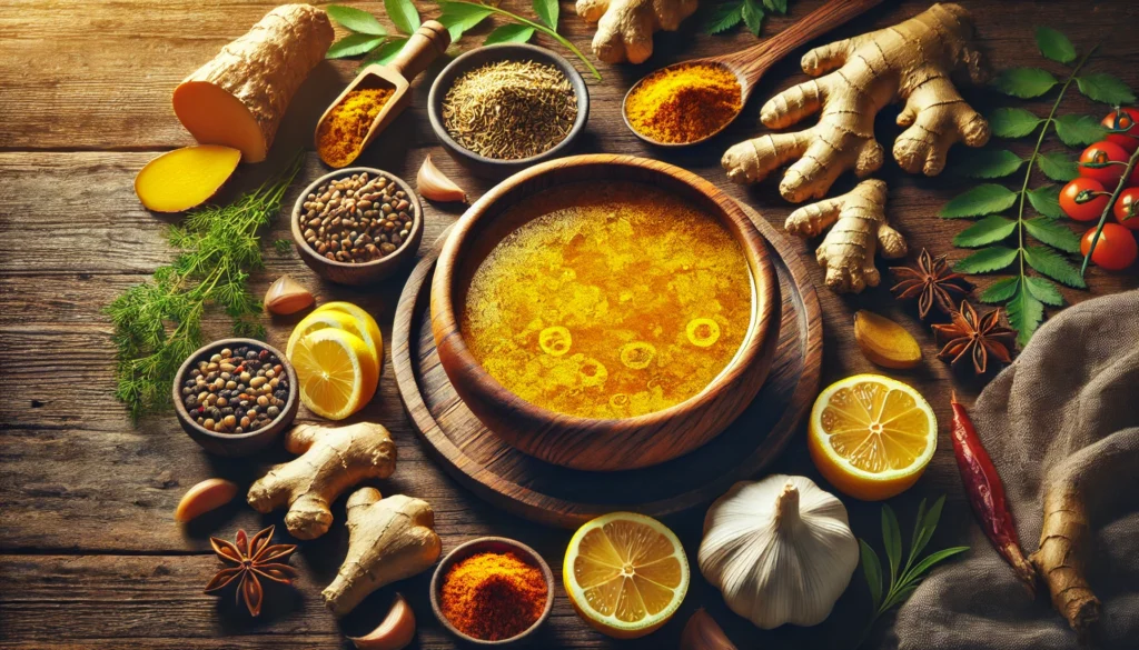 "A wooden bowl filled with golden bone broth, surrounded by turmeric root, ginger, garlic, fresh herbs, and lemon wedges, symbolizing the healing power of natural foods for joint recovery."