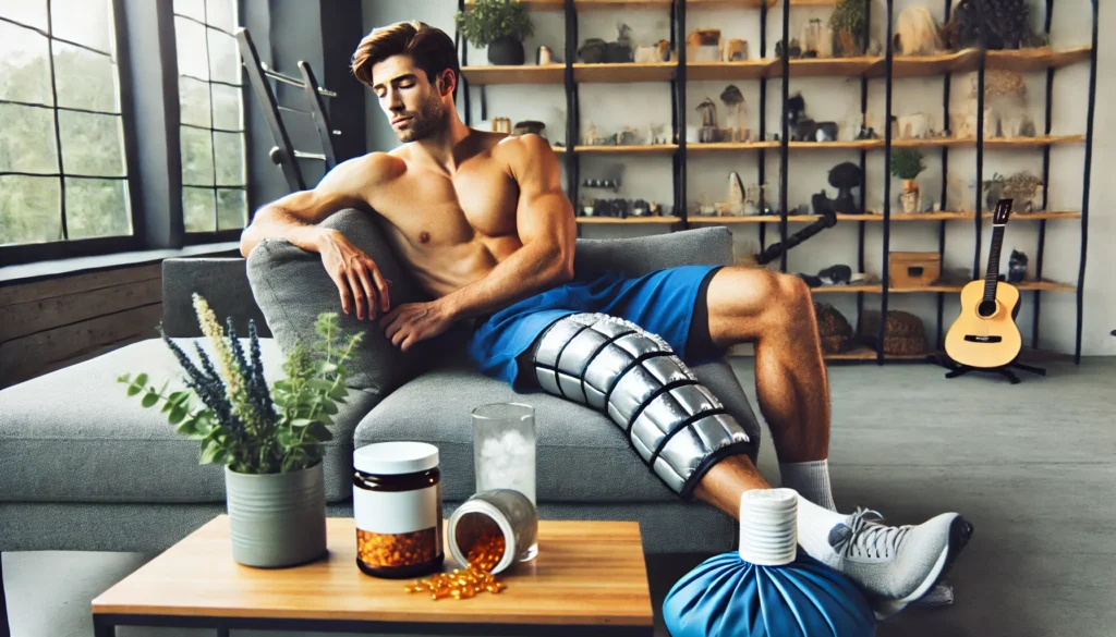  An athlete resting in a recovery lounge, using cooling packs on sore muscles with herbal supplements nearby, showcasing natural methods for muscle pain relief and stiffness recovery.