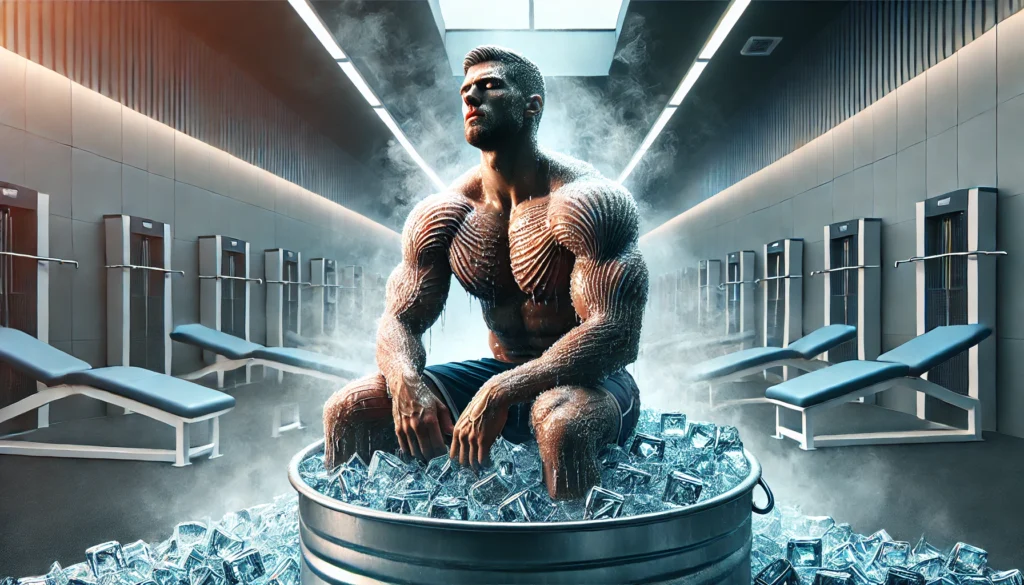 A high-resolution digital painting of a muscular athlete sitting in an ice bath at a modern recovery facility. Steam rises from the cold water, highlighting the contrast between heat and cold therapy, symbolizing the healing process for muscle recovery.