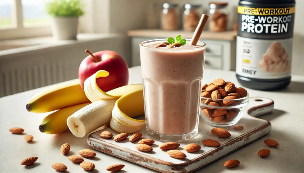 A protein-rich pre-workout snack with a banana smoothie made from almond milk and whey protein, accompanied by a handful of nuts and sliced apple, set in a bright kitchen with a fitness-focused atmosphere.