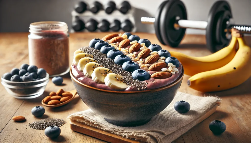 A nutrient-dense smoothie bowl with blended acai, banana slices, chia seeds, almonds, and blueberries, drizzled with almond butter. The clean wooden table and fitness-themed background enhance the presentation.