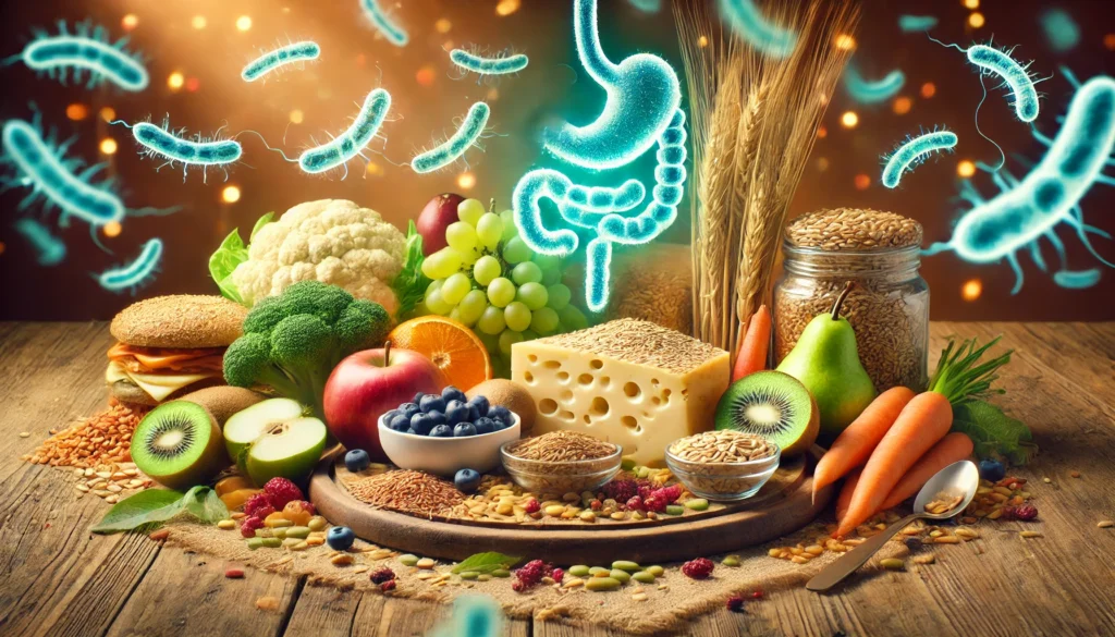  A variety of fiber-rich foods, including fruits, vegetables, whole grains, and legumes, arranged on a rustic wooden table. In the background, a faint overlay of microscopic gut bacteria glows in soft blue and green hues, representing the role of fiber in supporting a healthy microbiome for athletic recovery.