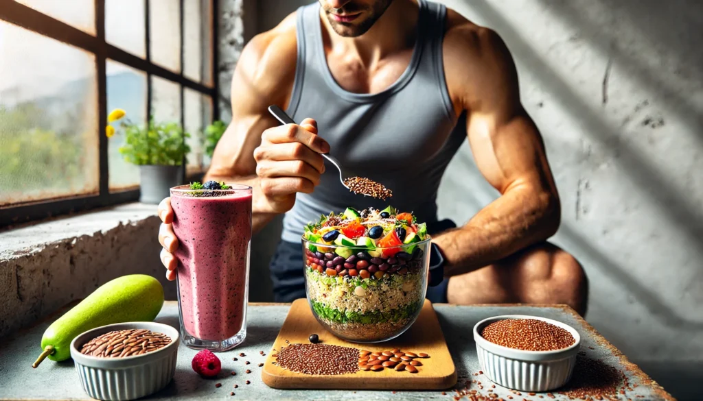 A high-performance athlete enjoying a fiber-packed meal featuring a quinoa salad with vegetables, beans, and nuts, accompanied by a nutrient-dense berry and flaxseed smoothie in a bright and modern setting.