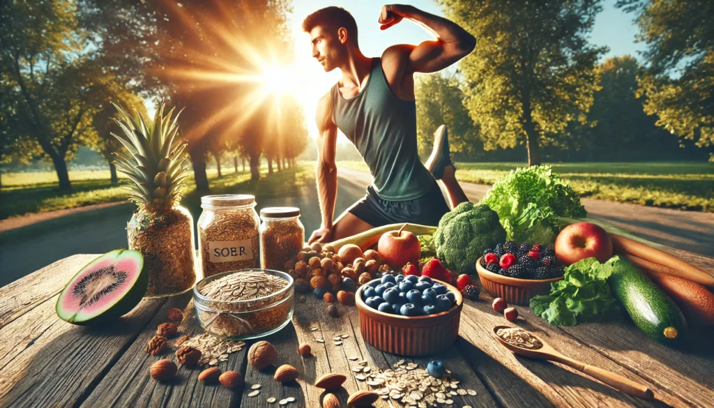 A muscular runner stretches in an open-air park, surrounded by fiber-rich whole foods like oats, nuts, berries, and leafy greens, with warm sunlight highlighting the connection between beneficial fiber and athletic endurance.