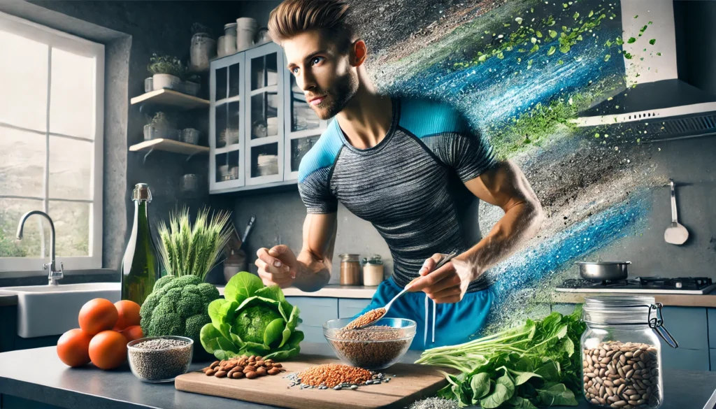 A fit athlete preparing a fiber-rich meal in a modern kitchen, featuring whole grains, leafy greens, and legumes, emphasizing fiber’s role in post-workout recovery and nutrition.