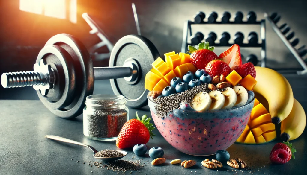  A high-energy smoothie bowl packed with muscle-building fruits such as bananas, blueberries, strawberries, and mangoes, garnished with chia seeds and nuts, with a softly blurred fitness environment in the background.