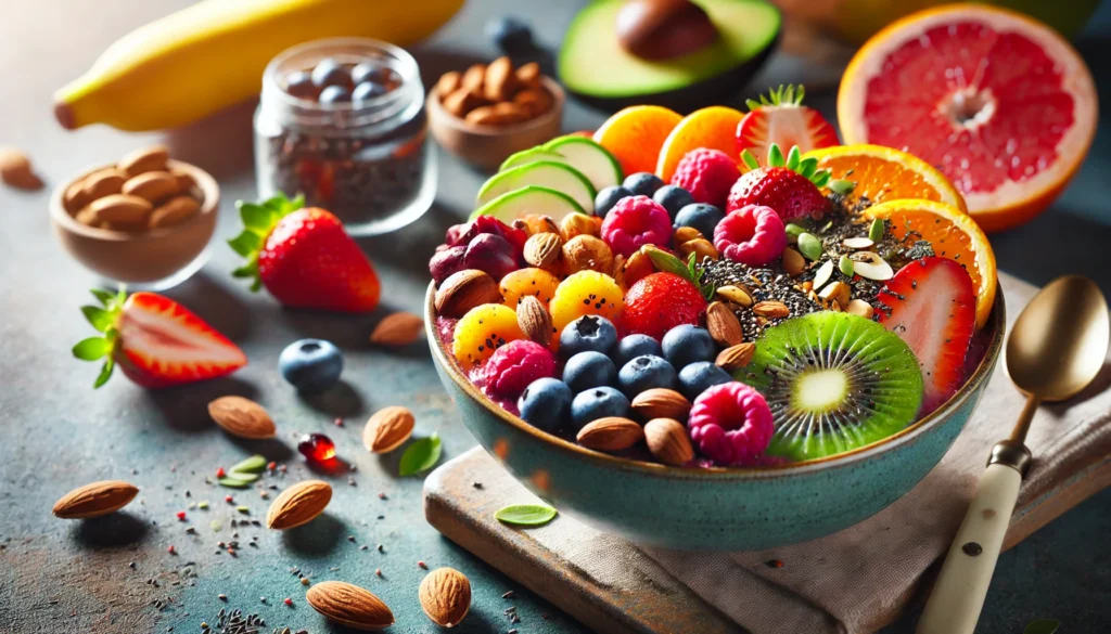 A vibrant smoothie bowl filled with fiber-rich ingredients such as fruits and nuts, symbolizing optimal nutrition for athletic recovery. The rich textures and colors highlight the importance of fiber in performance.