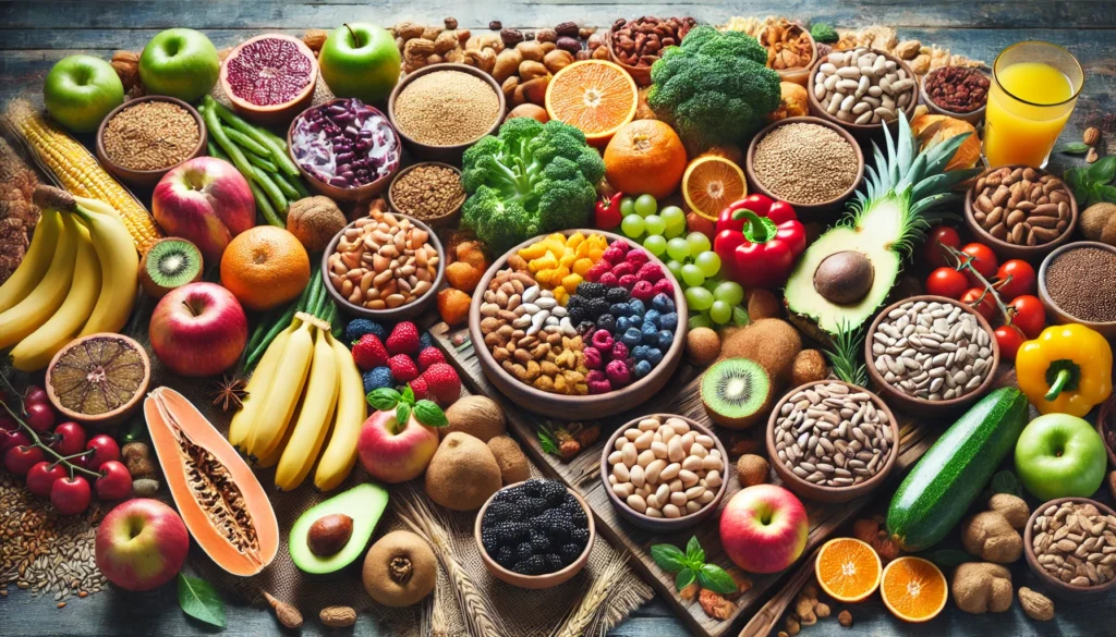 A beautifully arranged selection of high-fiber foods, including whole grains, legumes, fresh fruits, and vegetables, displayed in vibrant colors to highlight their role in gut health and athletic recovery.