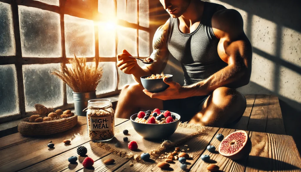 An athlete recovering post-workout while enjoying a high-fiber meal of oatmeal with berries, nuts, and seeds, with sunlight streaming through a window to emphasize nutrition and renewal.