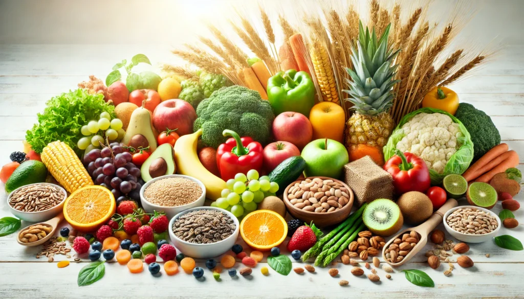 A high-resolution arrangement of fiber-rich foods, including colorful fruits, vegetables, whole grains, and nuts, set against a bright and fresh background, representing a diet that promotes fullness and athletic performance.