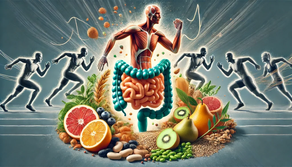 An artistic depiction of how soluble and insoluble fiber interact in the intestines, showing how they aid digestion, nutrient absorption, and overall gut health in athletes.