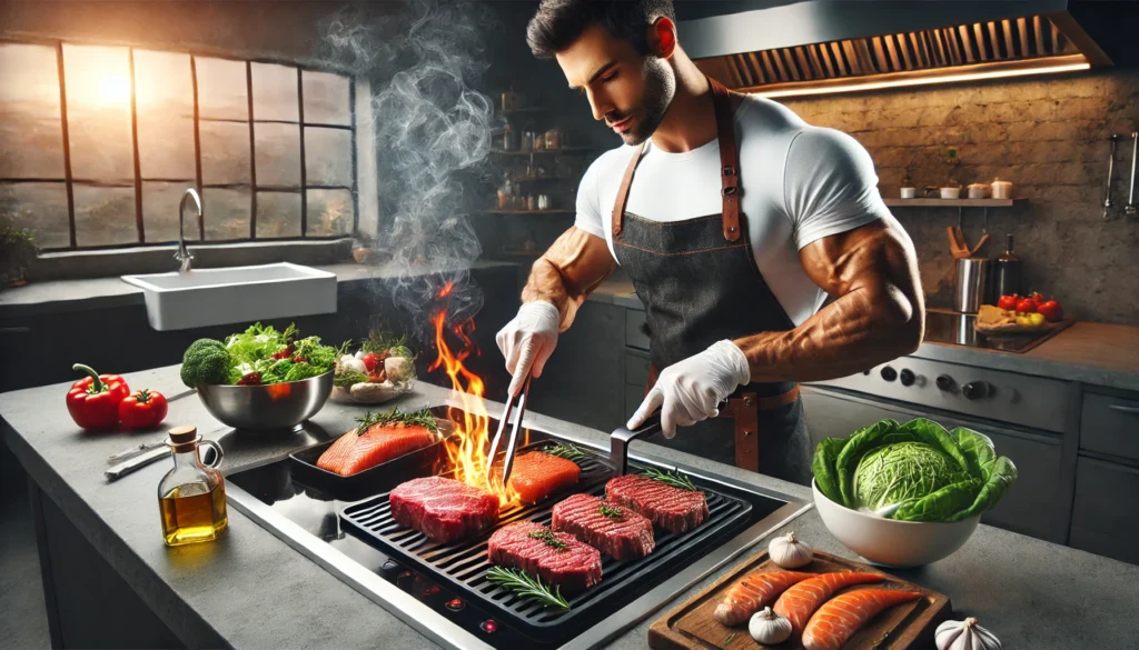 "A professional chef grilling lean cuts of beef, chicken breast, and salmon on a modern stovetop, with flames and steam rising, surrounded by fresh herbs, olive oil, and vegetables, highlighting high-protein nutrition for muscle recovery."