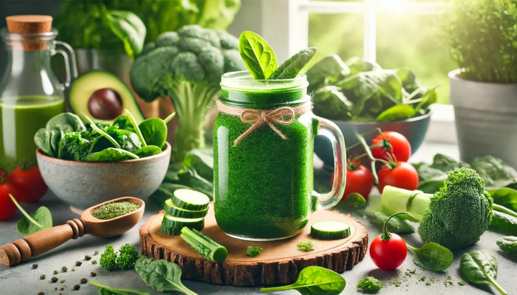 A close-up of a green smoothie in a glass jar, surrounded by fresh spinach, kale, and other leafy greens, symbolizing optimal nutrition for bodybuilding and post-workout recovery.