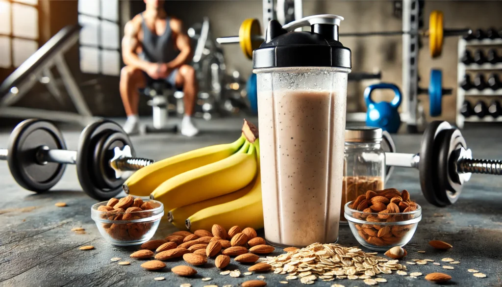 "A close-up of a protein shake in a blender bottle, surrounded by bananas, almonds, and oats, with a blurred gym background representing nutrition and muscle recovery."