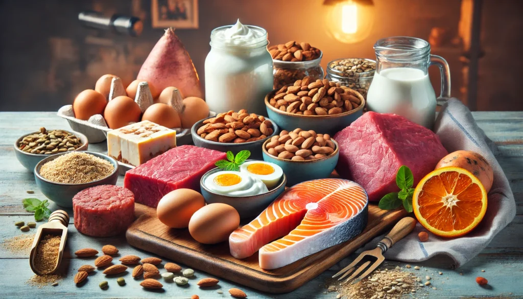  A variety of protein-rich foods for muscle building, including salmon, eggs, lean beef, Greek yogurt, and tofu, displayed on a wooden cutting board. Surrounding them are complex carbohydrates like sweet potatoes and whole grains, along with nuts and seeds for added nutrition.