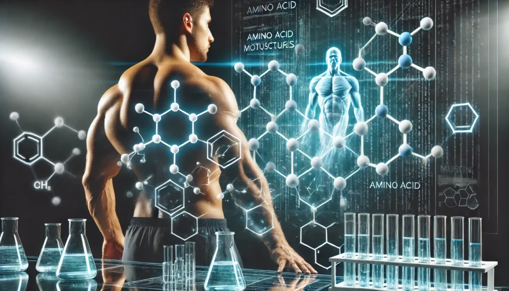 "A muscular individual in a futuristic science lab analyzing amino acid molecular structures on a holographic display, symbolizing the fusion of science and muscle recovery."