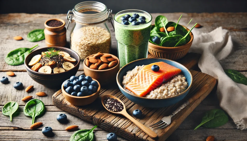 A selection of muscle recovery foods displayed on a wooden table, featuring oatmeal with almonds and blueberries, grilled salmon with quinoa, and a protein smoothie made with banana, spinach, and protein powder.