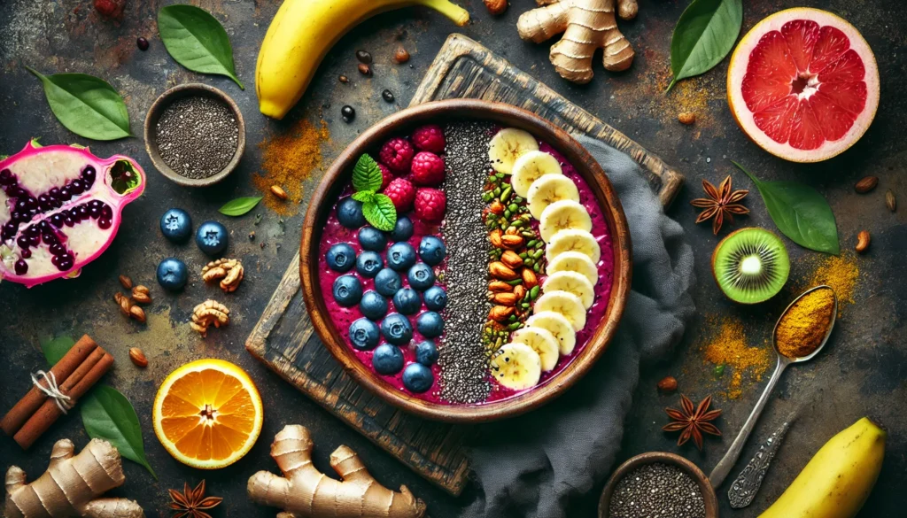 "An artistic overhead shot of a colorful anti-inflammatory smoothie bowl topped with sliced bananas, chia seeds, nuts, and surrounded by fresh ingredients like turmeric root, ginger, citrus fruits, and dark leafy greens."