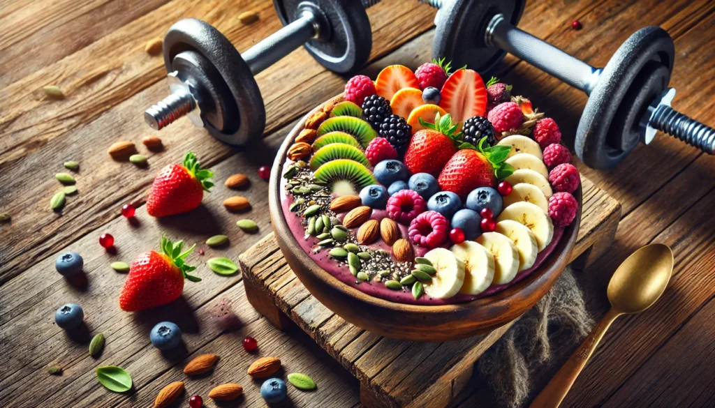 A beautifully arranged smoothie bowl made with bananas, berries, nuts, and seeds on a wooden table with dumbbells nearby, representing a balanced diet for muscle recovery.