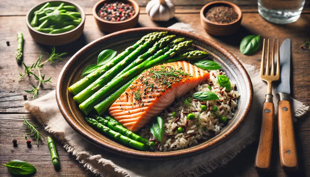 A nutrient-dense meal featuring salmon fillet, brown rice, and steamed asparagus, served on a rustic ceramic plate garnished with fresh herbs, placed on a wooden table with soft, natural lighting.