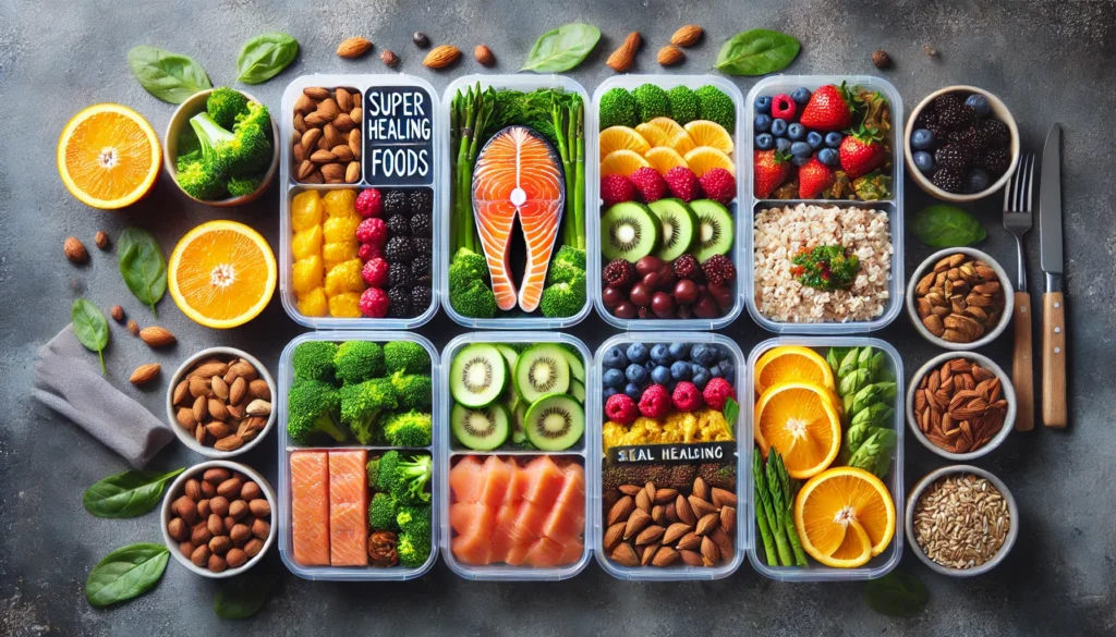 A visually striking meal-prep display featuring super healing foods like salmon, brown rice, steamed broccoli, nuts, and vibrant fruits such as oranges and berries, neatly arranged to showcase balanced nutrition for athletic recovery and muscle regeneration.