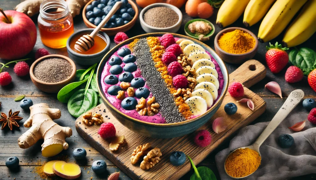 "A vibrant smoothie bowl crafted for muscle recovery and pain relief, filled with blended berries, chia seeds, walnuts, and honey, topped with bananas, turmeric powder, and flaxseeds, with fresh ingredients like ginger root, blueberries, and spinach in the background."