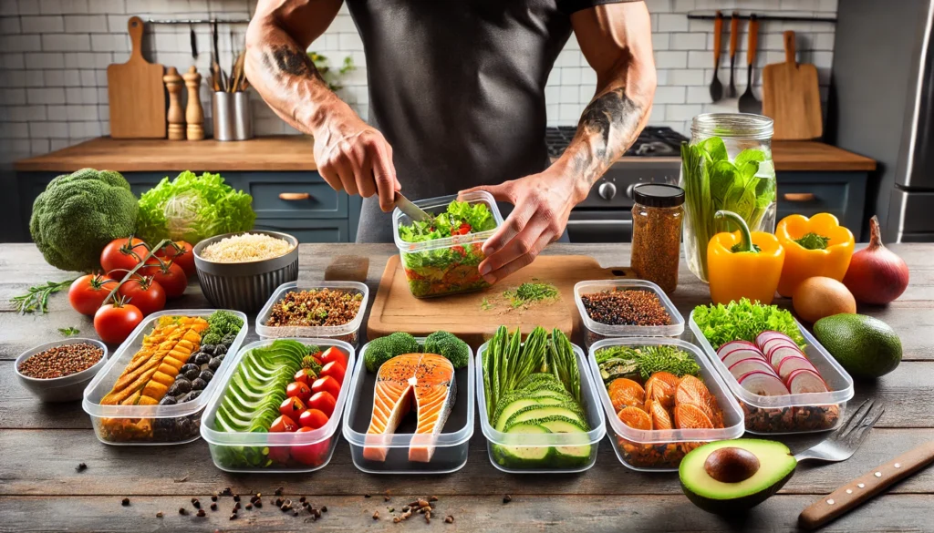 "A dynamic meal prep scene for muscle gain featuring a variety of colorful, nutrient-dense ingredients like grilled salmon, roasted vegetables, quinoa, and avocado slices arranged in portioned containers on a wooden kitchen countertop."

