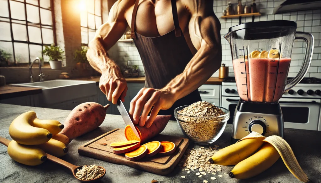  An athlete preparing a nutrient-rich post-workout meal, slicing sweet potatoes, measuring oats, and blending a banana smoothie in a bright kitchen, emphasizing the best carbs for building muscle and recovery.