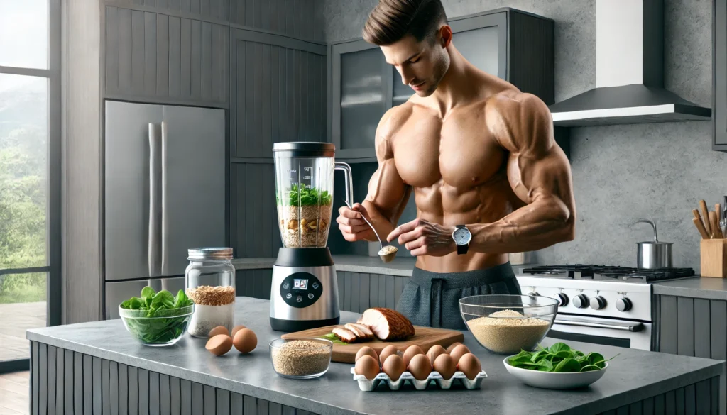 "A muscular athlete in a modern kitchen preparing a protein-rich meal with eggs, chicken breast, quinoa, and spinach, highlighting precision nutrition for muscle growth."