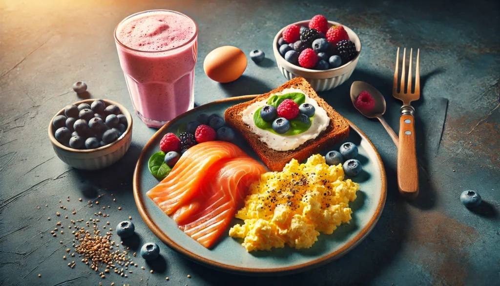 A protein-rich breakfast for muscle gain, featuring scrambled eggs, smoked salmon, whole-grain toast, and mixed berries, accompanied by a nutrient-dense protein smoothie.