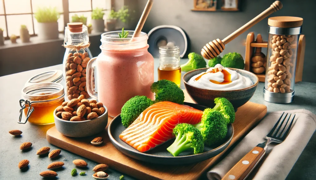  A high-protein post-workout snack setup, displaying a protein smoothie in a glass jar, a bowl of mixed nuts, grilled salmon with steamed broccoli, and Greek yogurt with honey. The modern, minimalistic background and bright natural lighting highlight the nutritious ingredients.