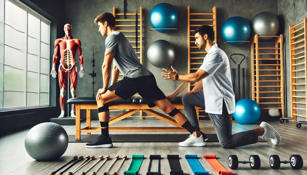 "A physical therapist guiding an athlete through a muscle recovery stretching routine in a professional rehabilitation center. Stretching bands, stability balls, and resistance equipment highlight the importance of flexibility and injury prevention."