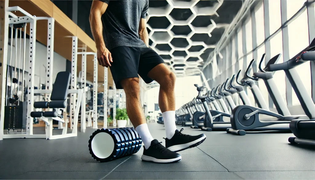 A person in athletic wear using a foam roller on their legs in a modern gym. The bright and well-lit environment, with fitness equipment in the background, emphasizes post-workout muscle recovery and relief from soreness.