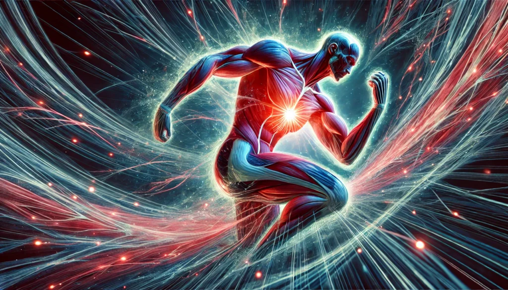 An artistic depiction of muscle fibers regenerating and strengthening, symbolizing the process of muscle recovery. The image features a dynamic blend of red and blue tones to represent blood circulation and healing, with a glowing effect emphasizing muscle repair and protein synthesis.