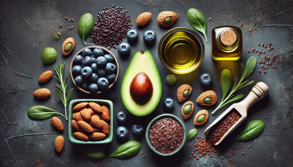 "An artistic flat-lay composition featuring avocado, almonds, olive oil, blueberries, and flaxseeds, highlighting the balance of healthy fats, antioxidants, and anti-inflammatory compounds for joint health."