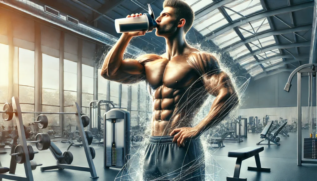 A high-resolution digital artwork of a fit, muscular athlete drinking a post-workout recovery shake in a modern gym. The scene highlights the importance of muscle recovery supplements in athletic regeneration, with fitness equipment in the background reinforcing the theme of training and recovery.